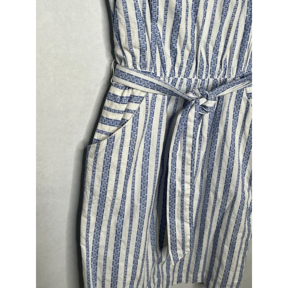 Merona Dress Women Size Small Blue White Striped Belted Pockets Cap Sleeve